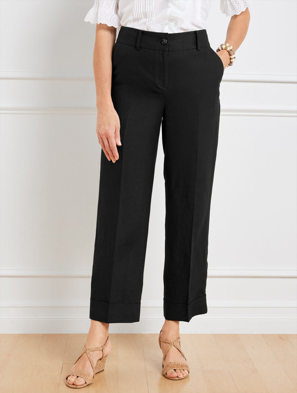 BLACK|DARK WALNUT|DEEP MOSS SLIM WIDE ANKLE CUFF LINEN PANTS | Talbots for sale