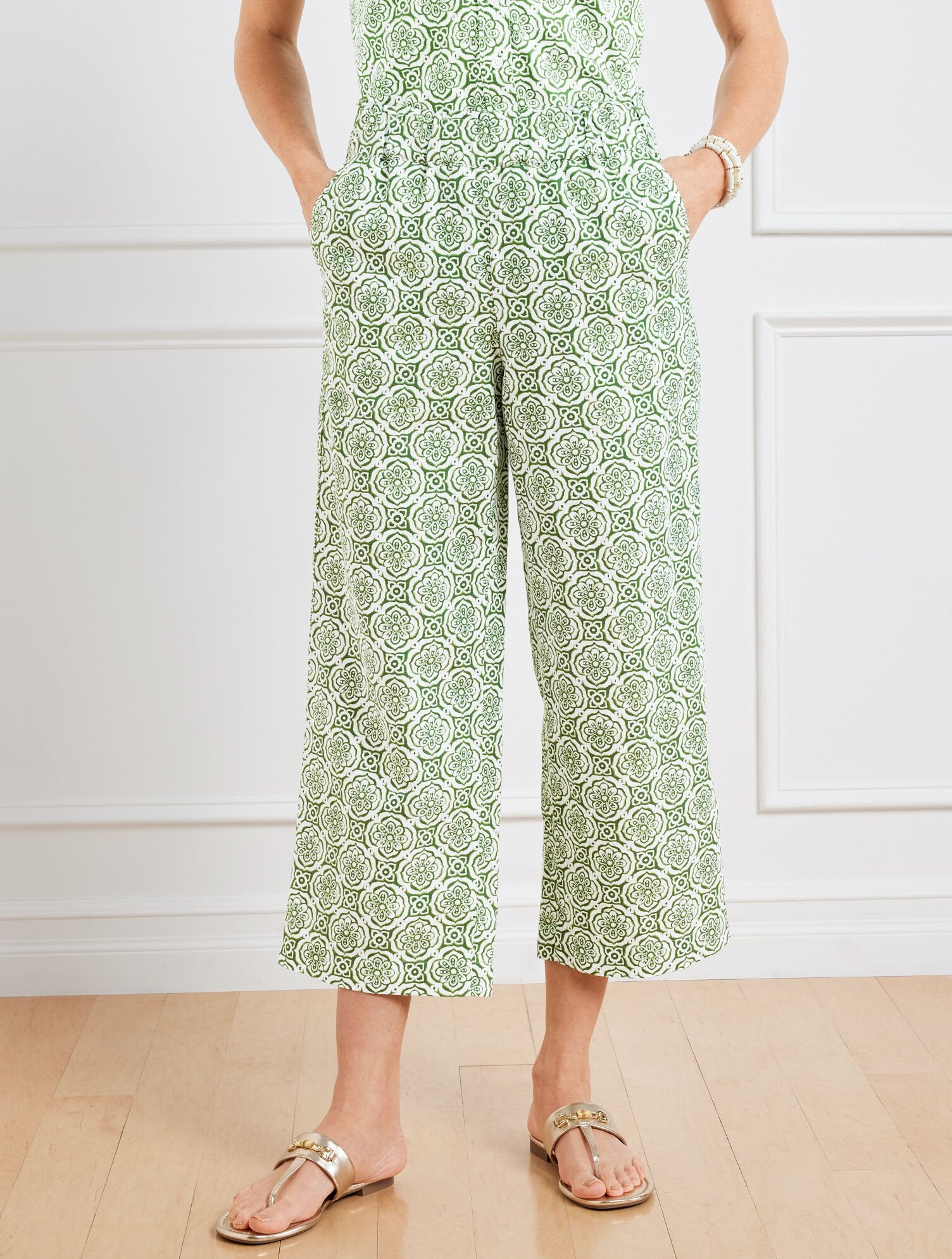 WHITE/OLIVE GROVE WIDE CROP WASHED LINEN PANTS - PRETTY MEDALLION | Talbots outlet