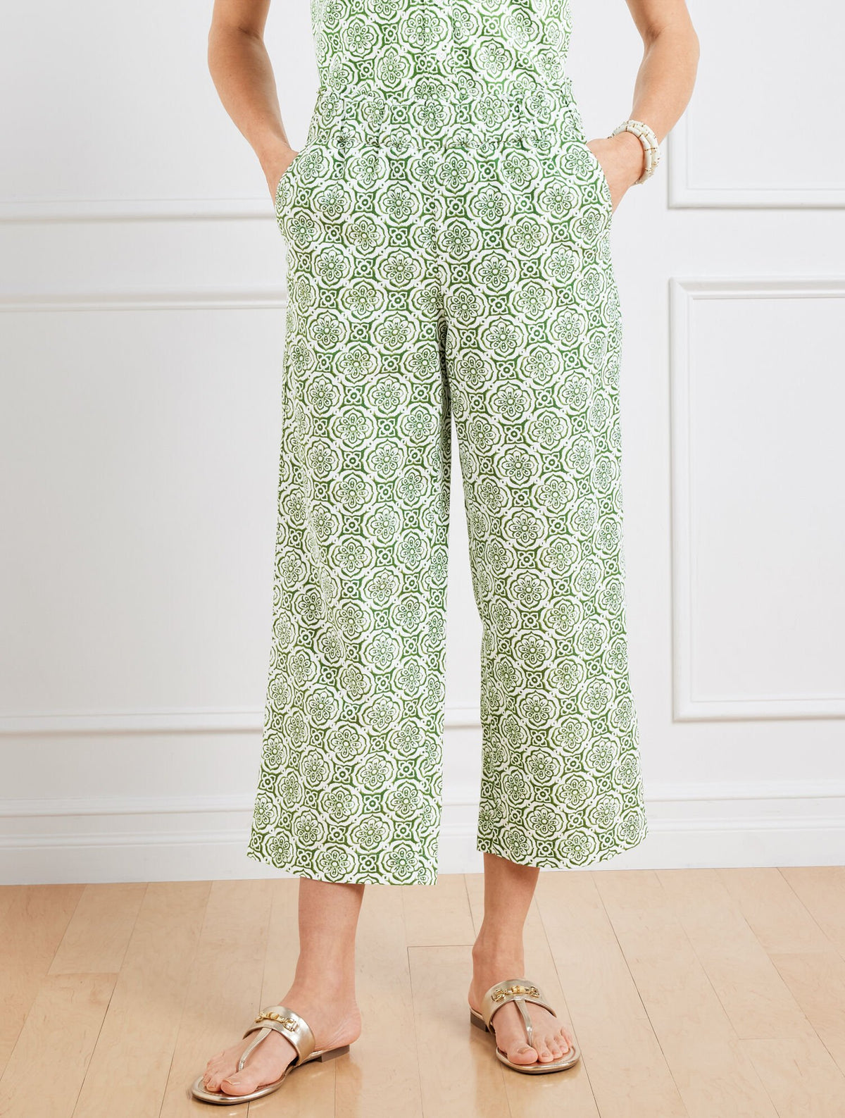 WHITE/OLIVE GROVE WIDE CROP WASHED LINEN PANTS - PRETTY MEDALLION | Talbots outlet