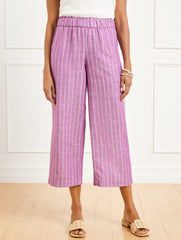 VIOLET SUNSET WIDE CROP WASHED LINEN PULL-ON PANTS - RIVIERA STRIPE | Talbots sale