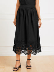 BLACK|WHITE EMBROIDERED POPLIN FIT & FLARE MIDI SKIRT | Talbots discount