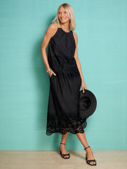 BLACK|WHITE EMBROIDERED POPLIN FIT & FLARE MIDI SKIRT | Talbots discount
