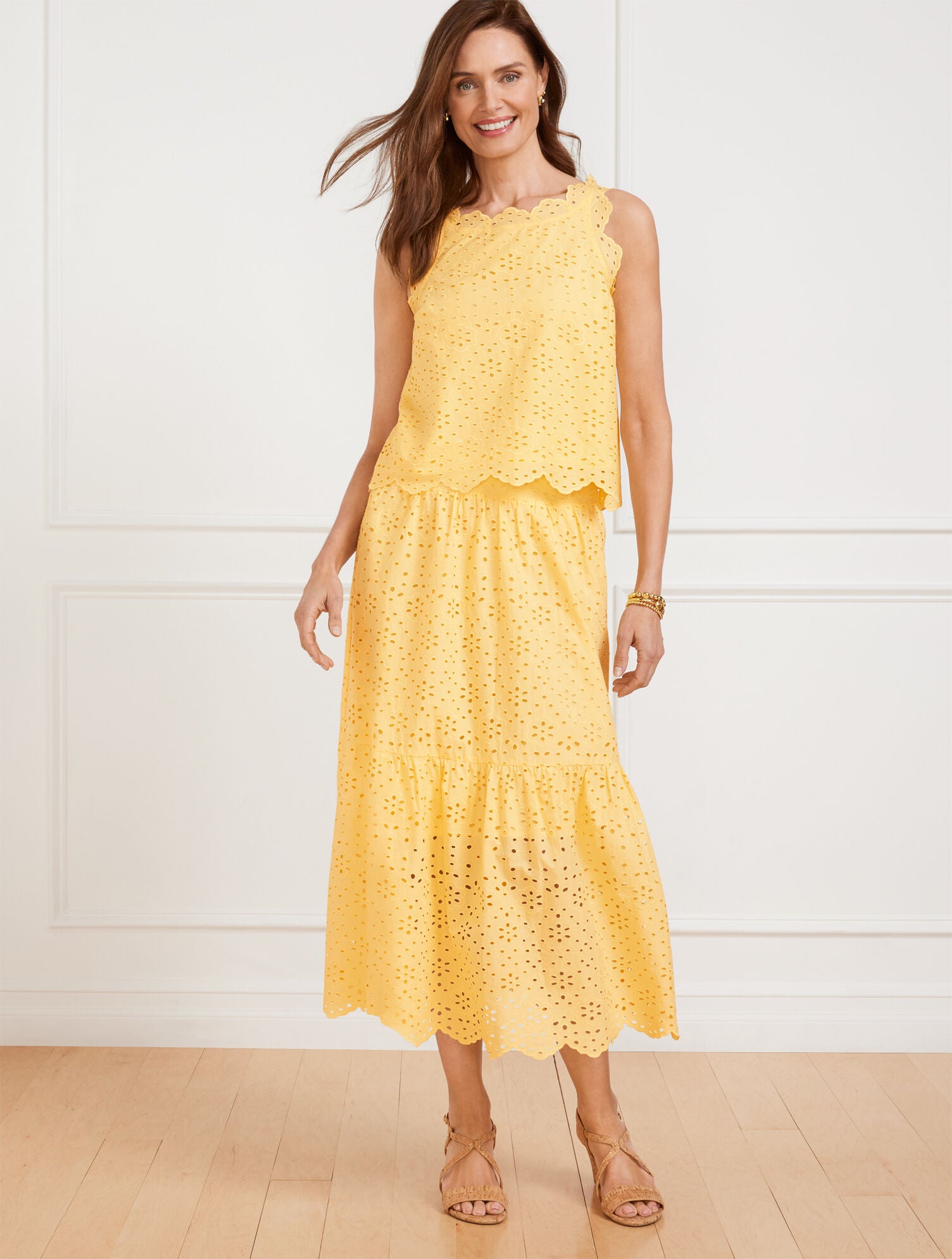CORN SILK FLORAL DIAMOND EYELET FLOUNCE MIDI SKIRT | Talbots discount