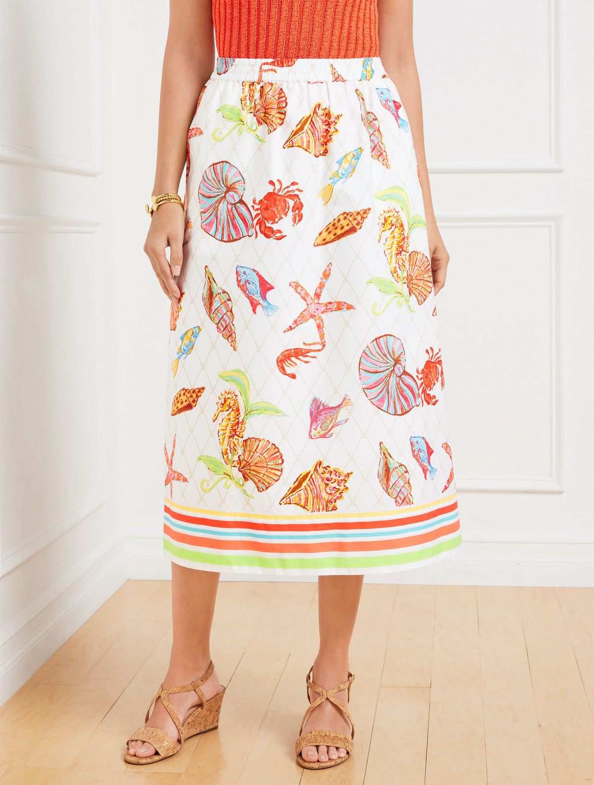 WHITE MULTI MODERN POPLIN FIT & FLARE MIDI SKIRT - UNDERWATER WORLD | Talbots sale