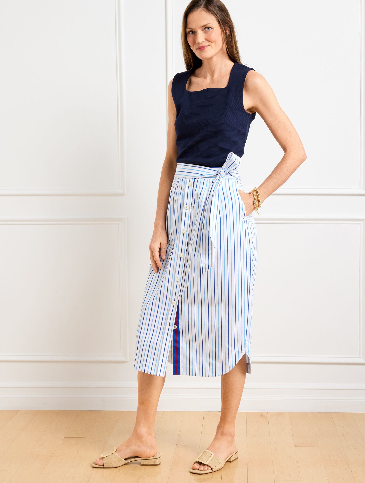 LAKESIDE/BLUE MAJESTY FRESH POPLIN TIE WAIST MIDI SKIRT - VERANDA STRIPE | Talbots outlet