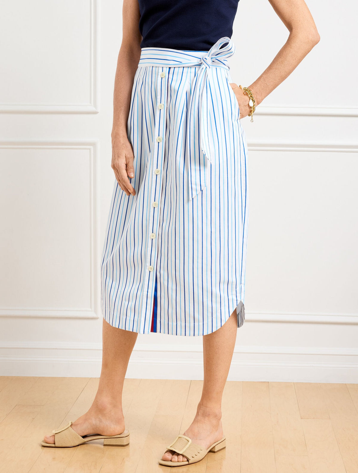 LAKESIDE/BLUE MAJESTY FRESH POPLIN TIE WAIST MIDI SKIRT - VERANDA STRIPE | Talbots outlet