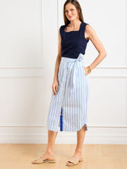 LAKESIDE/BLUE MAJESTY FRESH POPLIN TIE WAIST MIDI SKIRT - VERANDA STRIPE | Talbots outlet