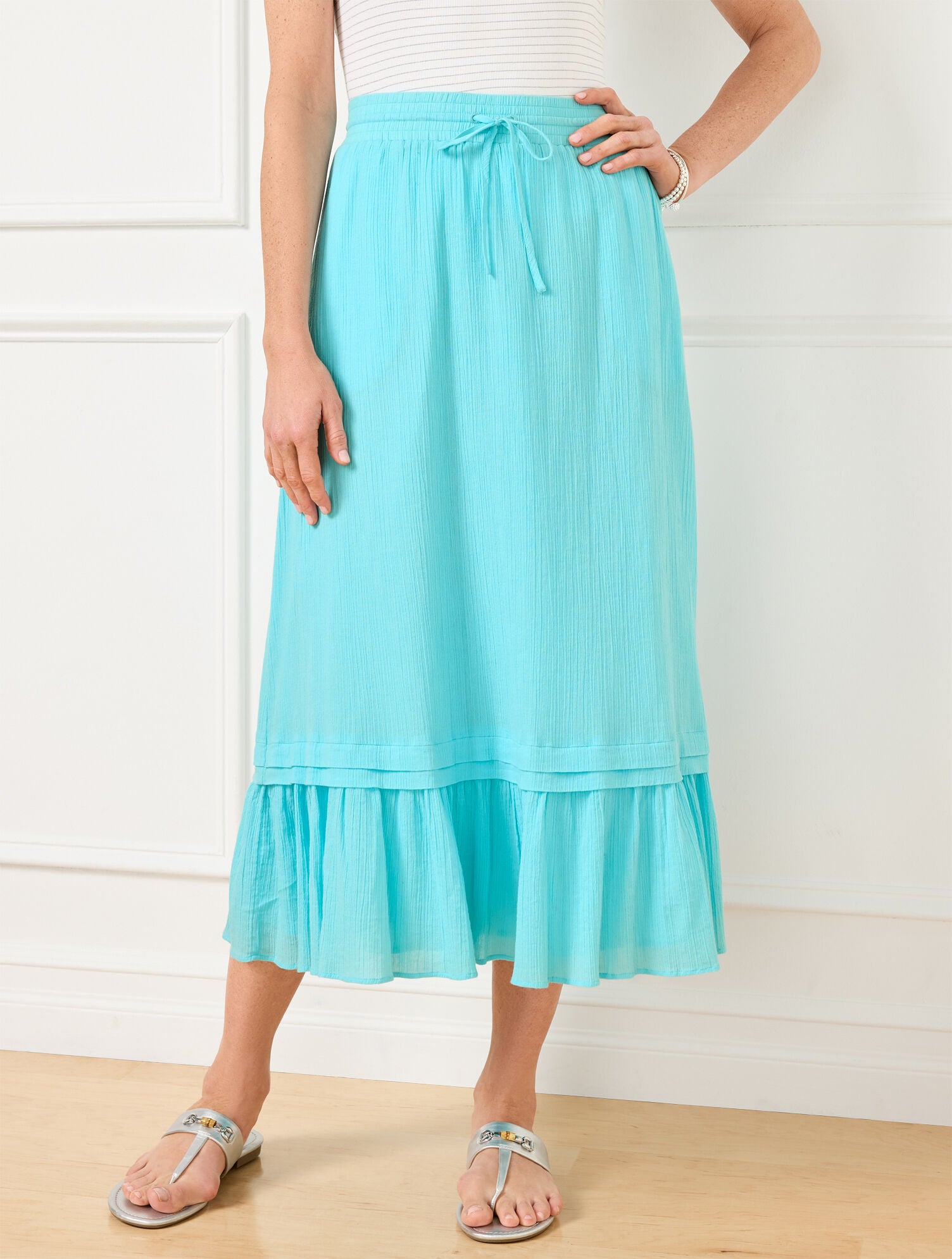 VIVID TURQUOISE CRINKLE GAUZE TIERED MIDI SKIRT | Talbots online