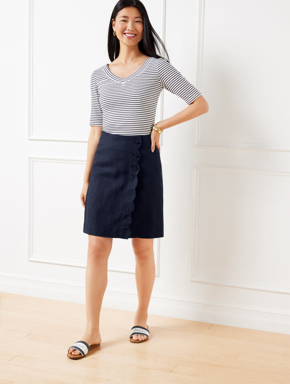 INDIGO BLUE SCALLOP WRAP LINEN SKIRT | Talbots US