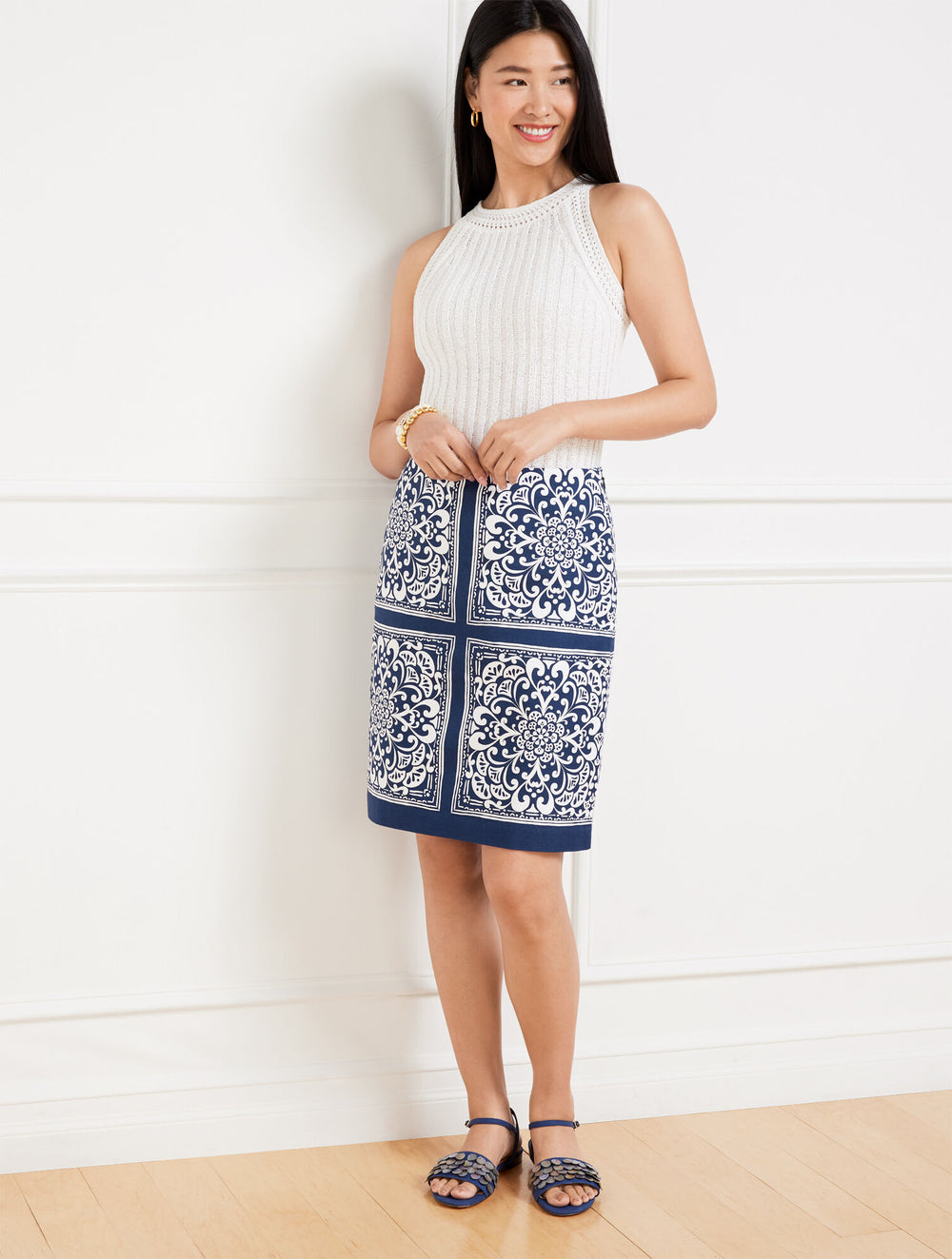 INDIA INK/WHITE CANVAS A-LINE SKIRT - ELABORATE MEDALLION | Talbots on sale