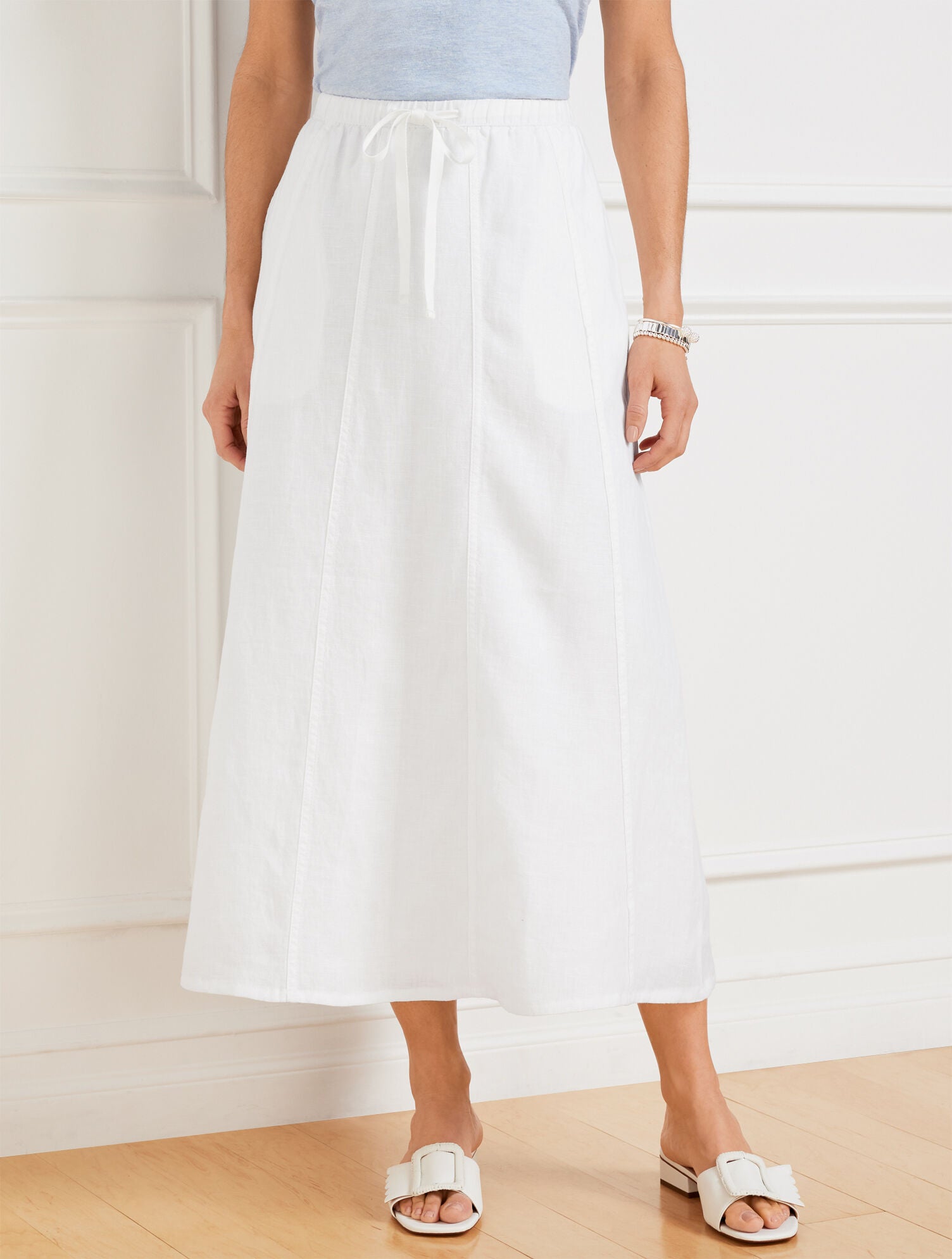 WHITE LINEN DRAWSTRING MIDI SKIRT - WHITE | Talbots online
