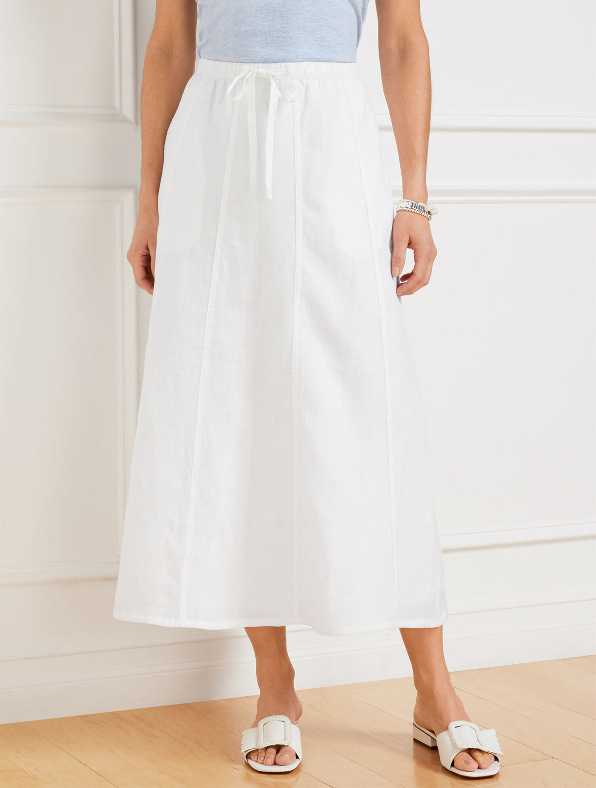 WHITE LINEN DRAWSTRING MIDI SKIRT - WHITE | Talbots online