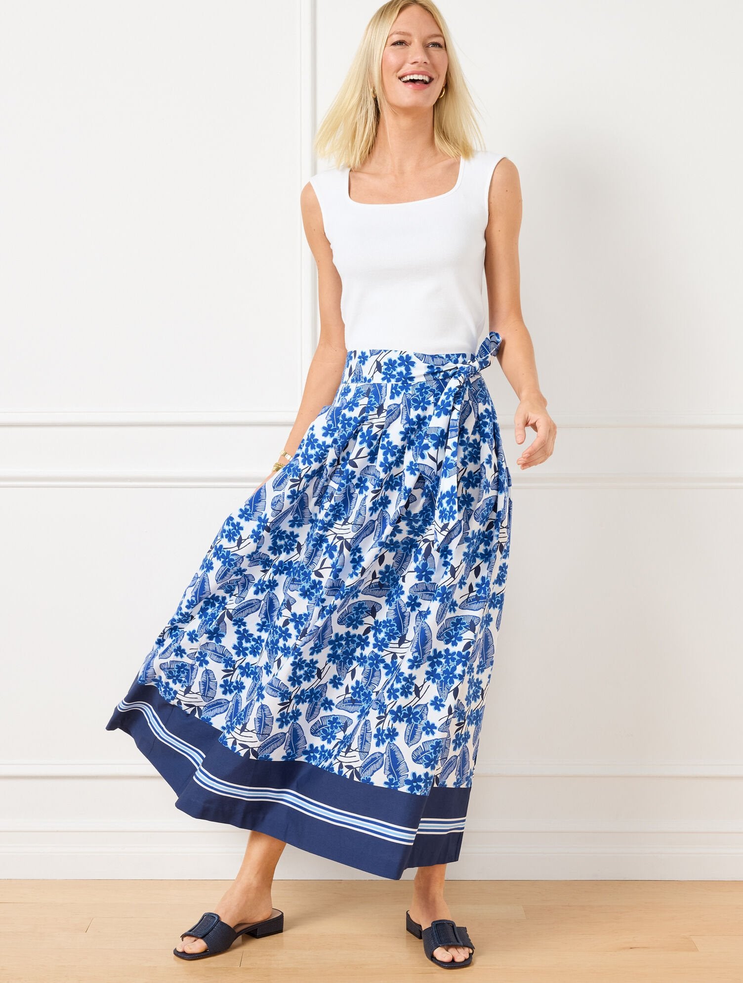 WHITE/BLUE MAJESTY PIPER PLEATED PATIO MAXI SKIRT - FLORAL PALMS | Talbots sale