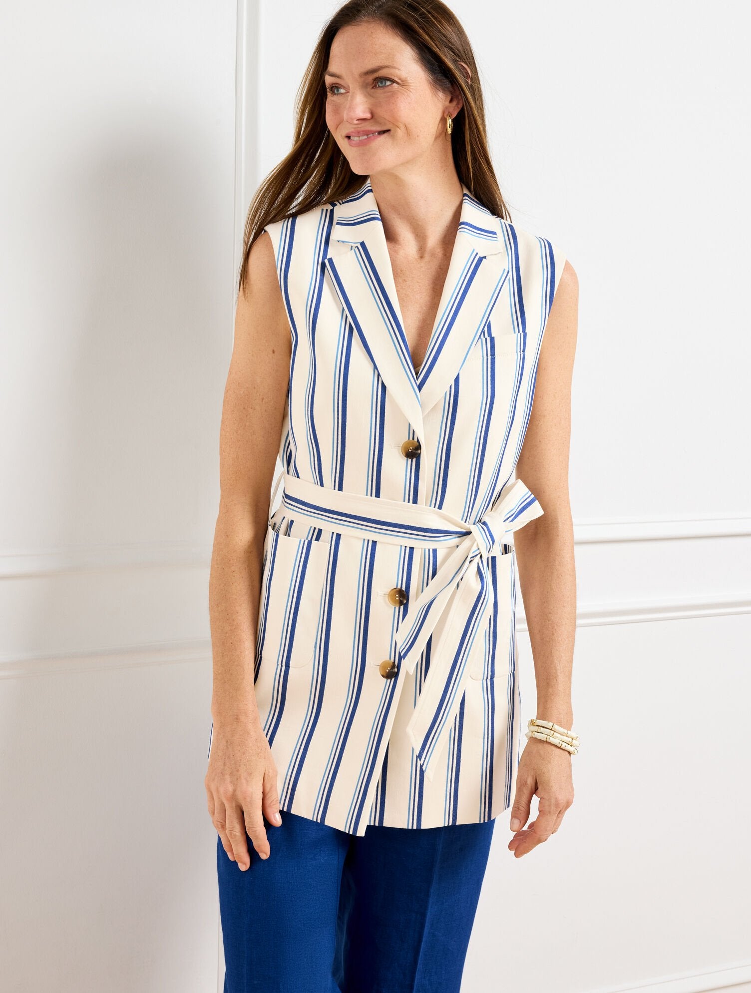 IVORY/BLUE MAJESTY BELTED VEST - BEACH STRIPE | Talbots online