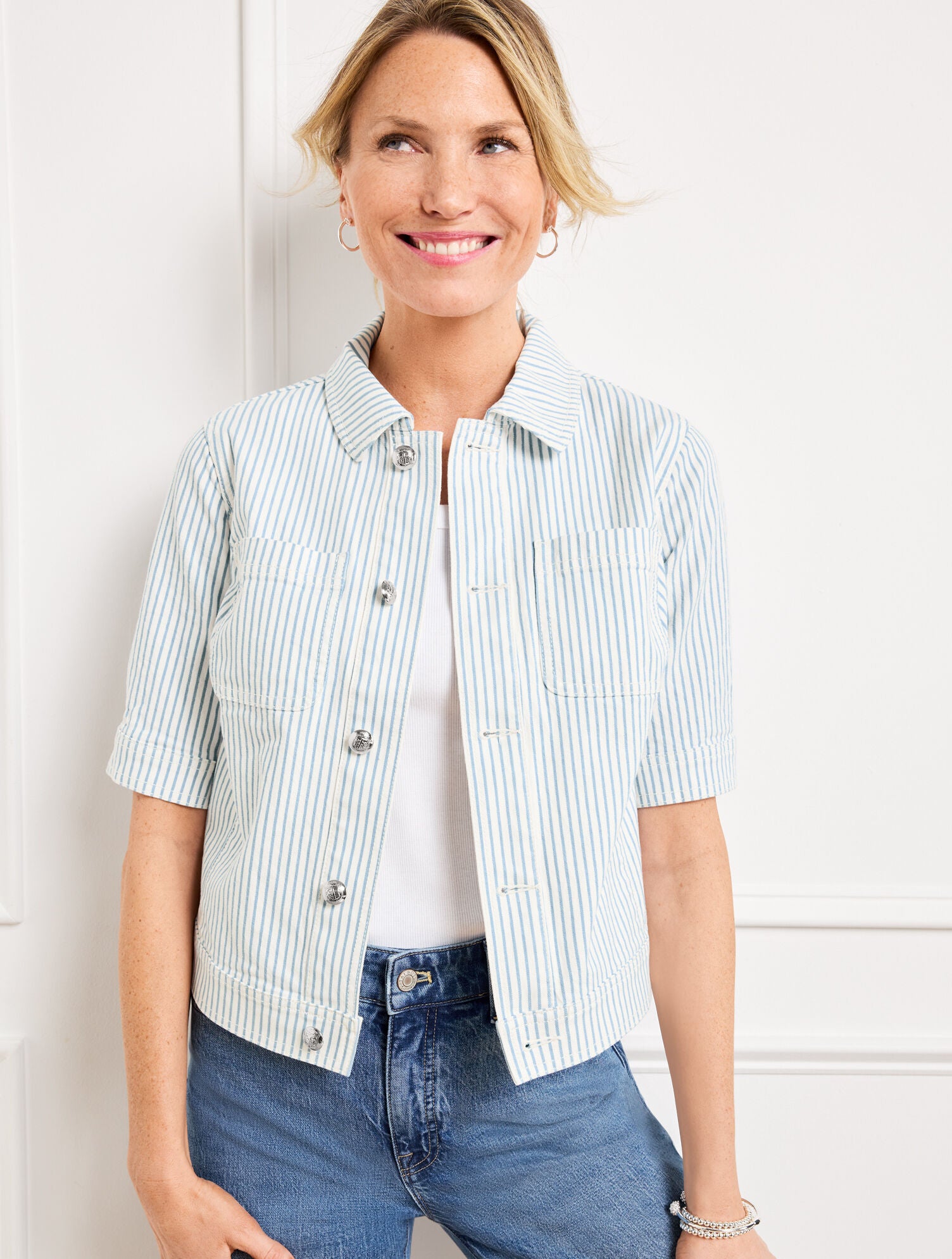 IVORY/INDIGO AWNING STRIPE JACKET | Talbots discount
