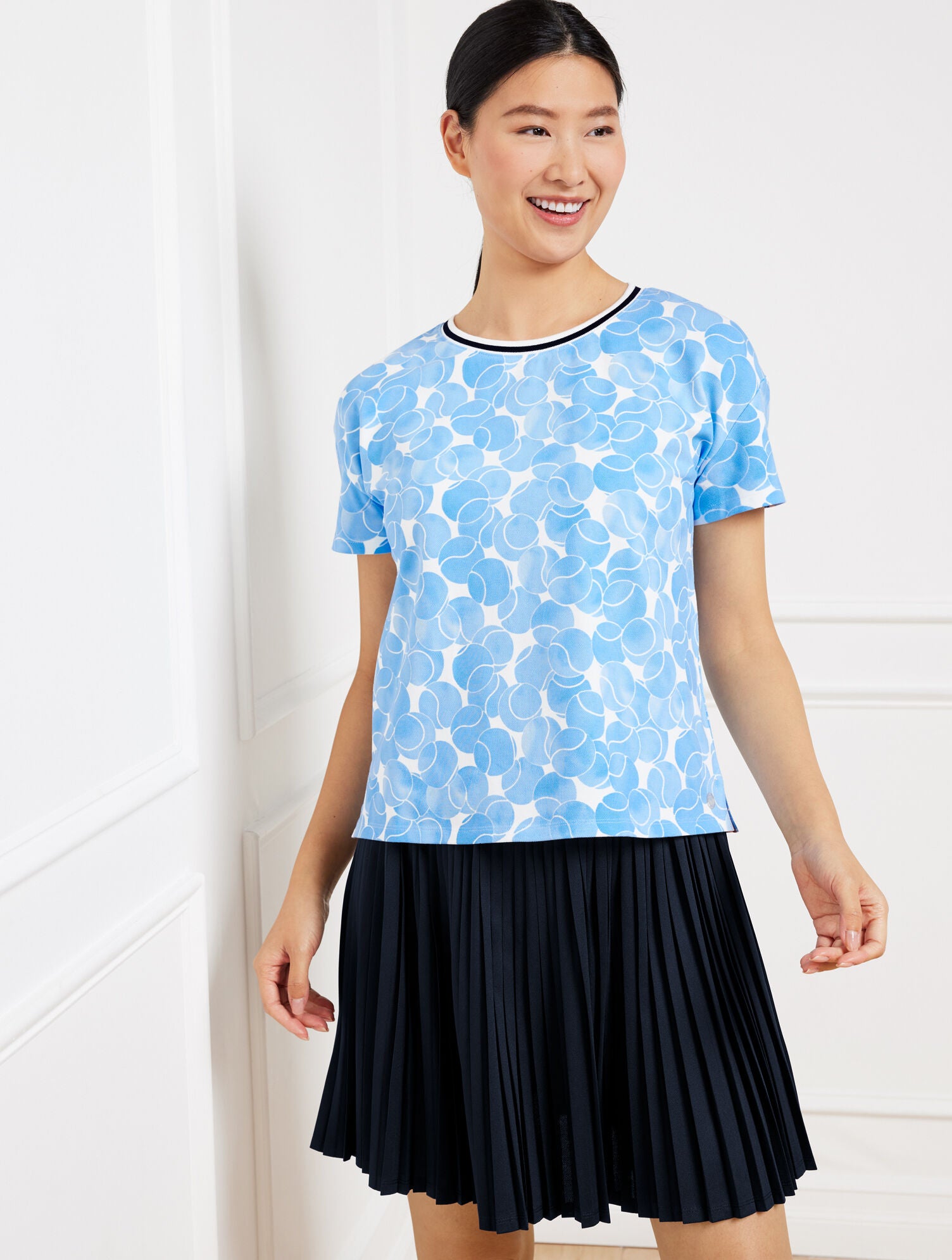 WHITE/LAKESIDE BLUE PIQUÉ BOXY CREWNECK TEE - TENNIS TOSS | Talbots on sale