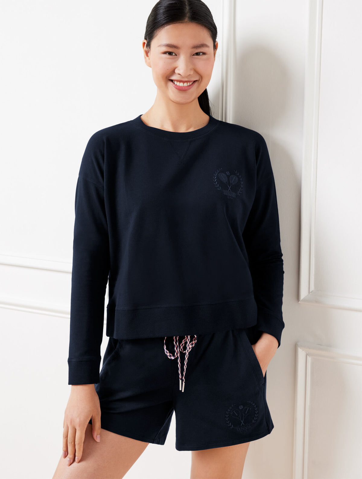 INDIGO BLUE|WHITE MODAL FRENCH TERRY EMBROIDERED CREST SWEATSHIRT | Talbots near me