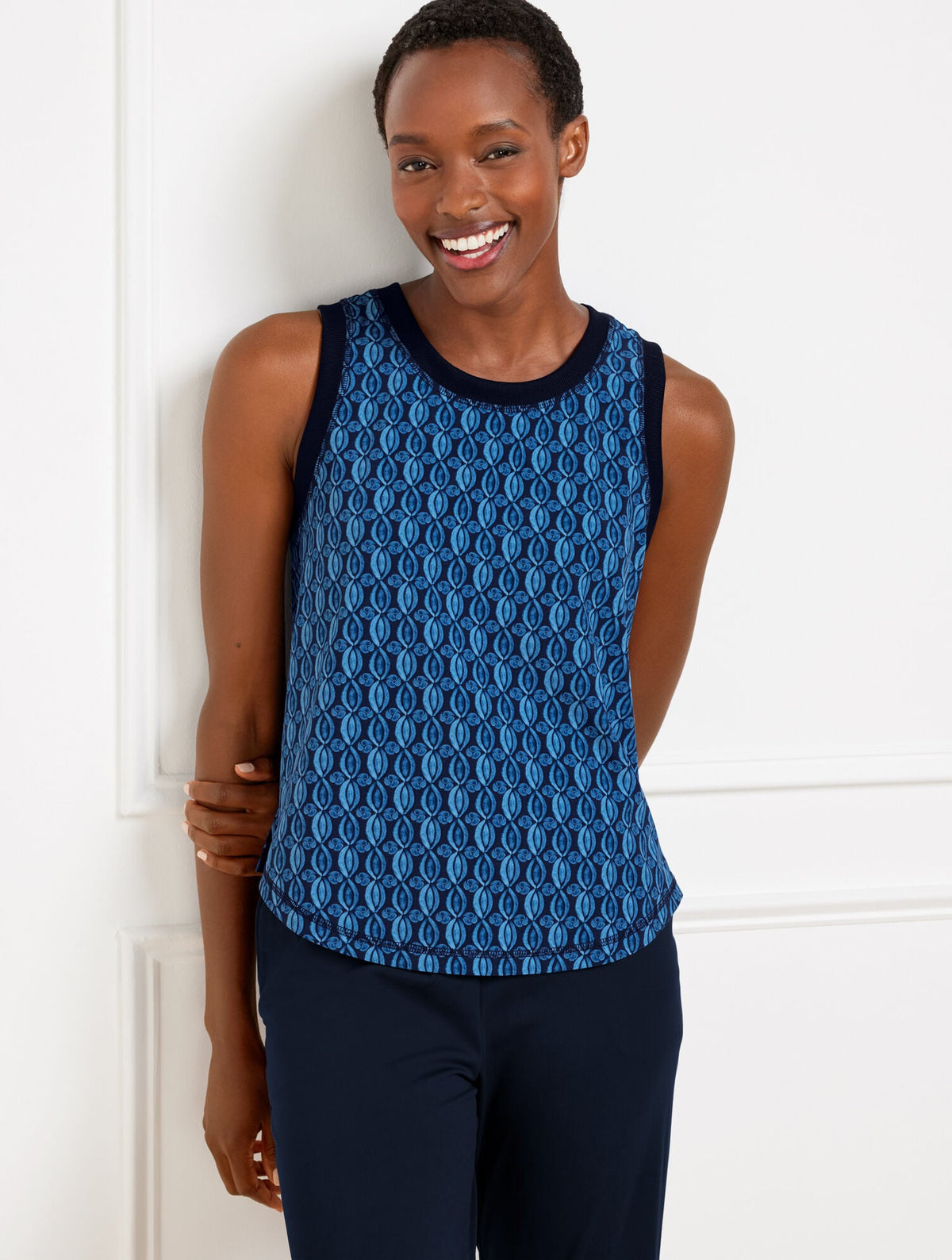 INDIA INK/LAKESIDE BLUE|OAT/WHITE LIGHTWEIGHT WOVEN STRETCH TANK - PINWHEEL GEO | Talbots for sale