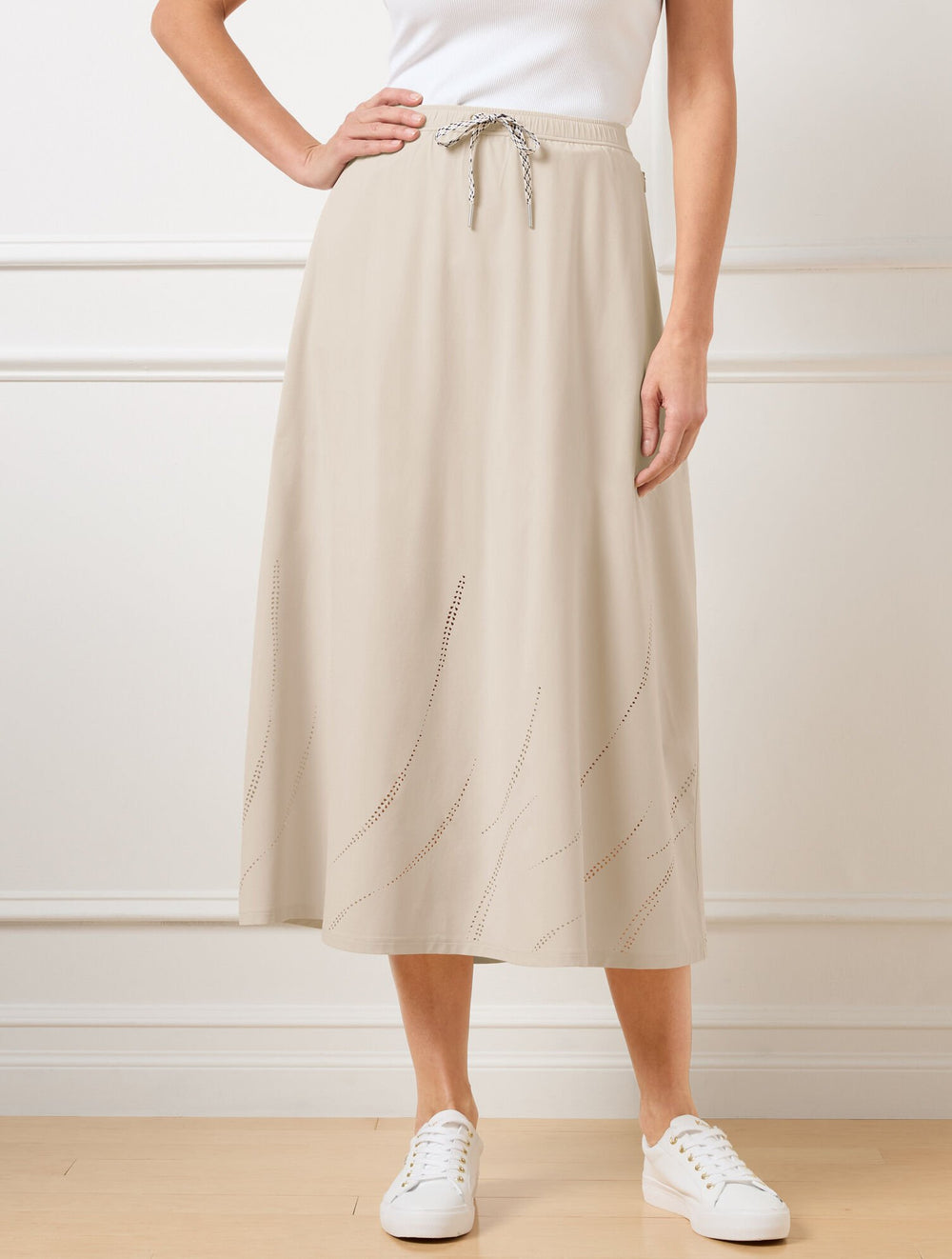 OAT LIGHTWEIGHT WOVEN STRETCH MIDI SKIRT - LASER CUT | Talbots outlet