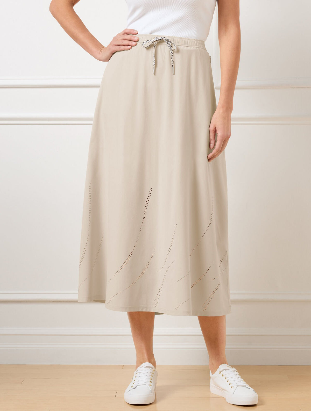 OAT LIGHTWEIGHT WOVEN STRETCH MIDI SKIRT - LASER CUT | Talbots outlet