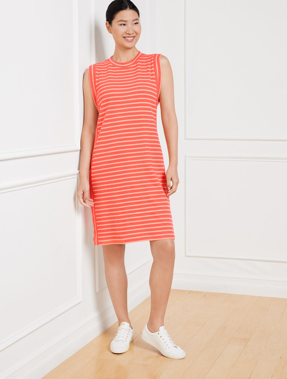 HOT CORAL/CORAL SAND|INDIGO BLUE/WHITE SLEEVELESS DRESS - ACE STRIPE | Talbots outlet