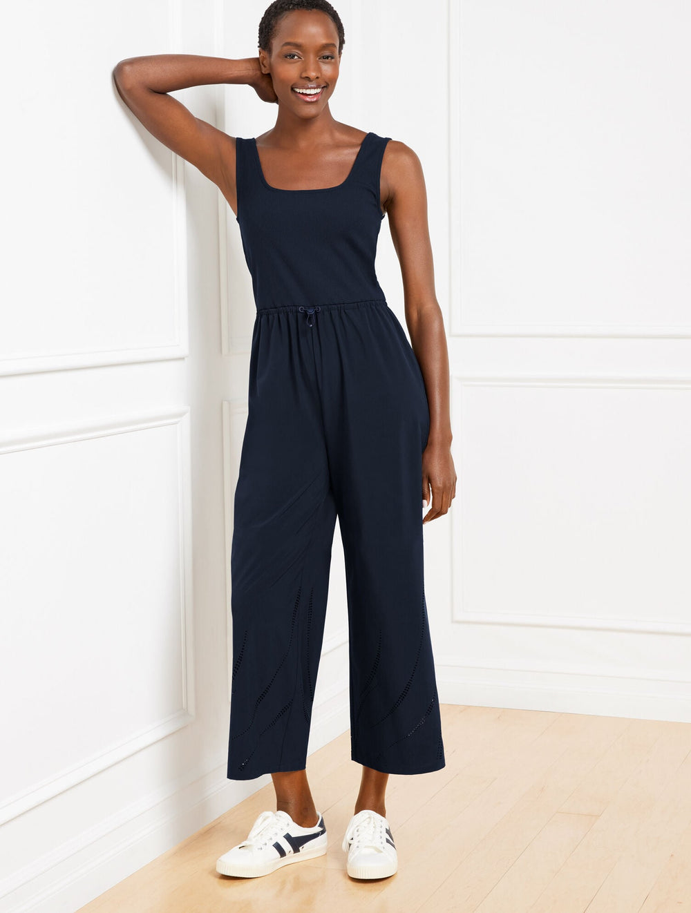 INDIGO BLUE MIXED MEDIA SQUARE NECK JUMPSUIT | Talbots outlet