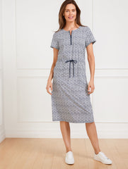 INDIA INK/WHITE LIGHTWEIGHT WOVEN STRETCH DRAWSTRING WAIST DRESS - WATER SWIRLS | Talbots outlet