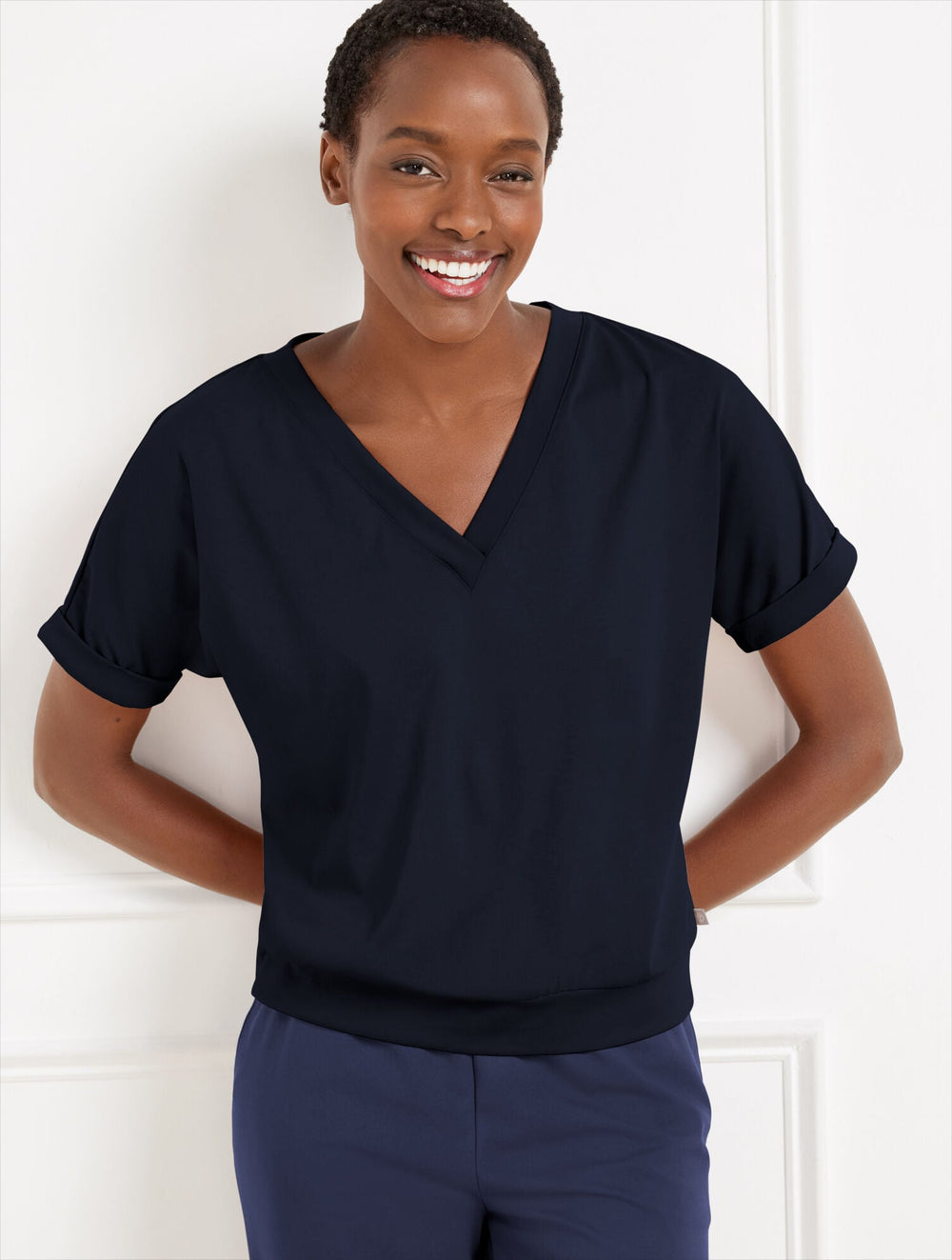 INDIGO BLUE|WHITE LUXE JERSEY V-NECK TEE | Talbots on sale