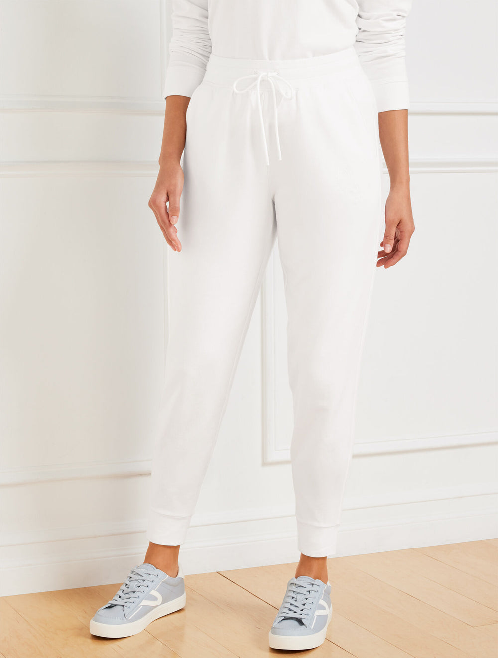 PINK LEMONADE|WHITE MODAL FRENCH TERRY CLASSIC EMBROIDERED CREST JOGGERS | Talbots outlet