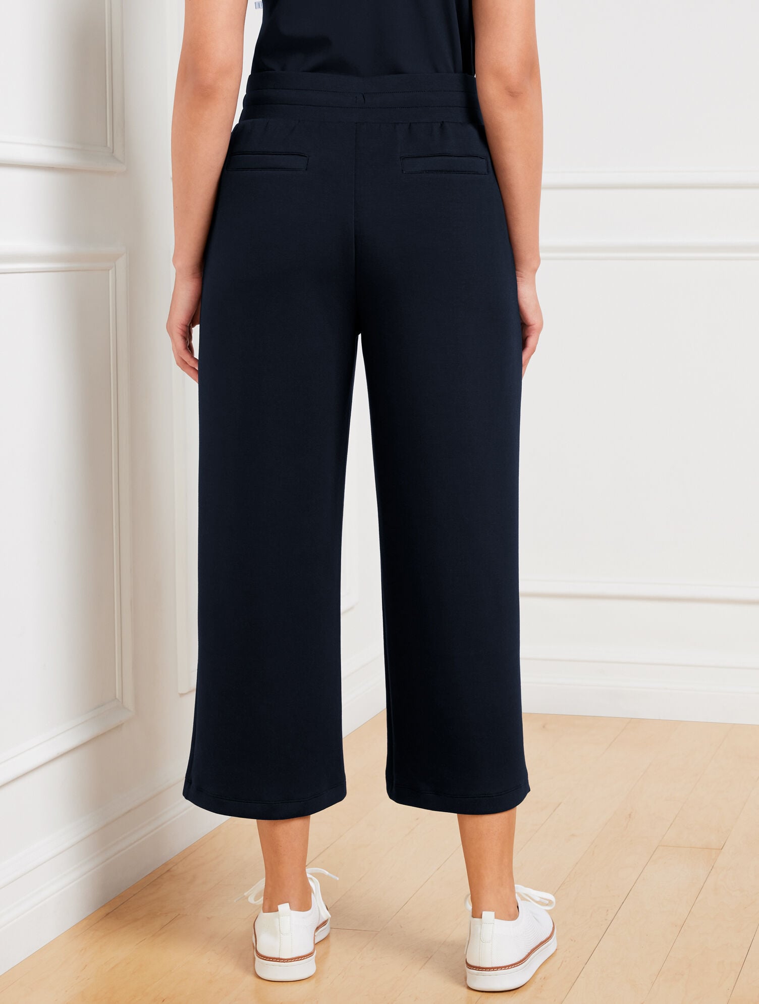 BLACK|INDIGO BLUE AIRKNIT STRETCH WIDE CROP PANTS | Talbots on sale