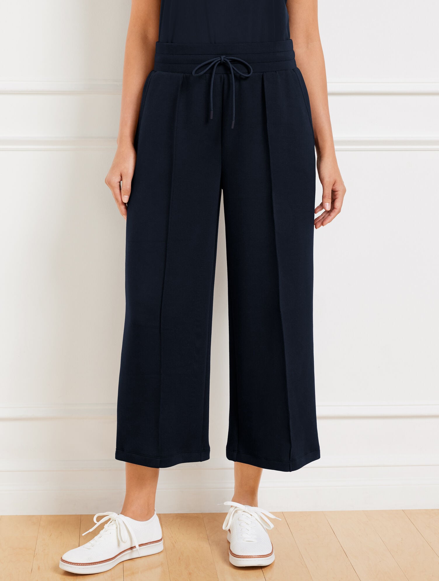 BLACK|INDIGO BLUE AIRKNIT STRETCH WIDE CROP PANTS | Talbots on sale