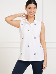 WHITE/INDIGO PIQUÉ SLEEVELESS POLO TANK - SPLASHY SEASHELLS | Talbots discount
