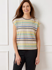 OAT/LIMEADE MULTI BUTTON SHOULDER CAP SLEEVE TEE - MATCH STRIPE | Talbots US