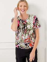 BLACK MULTI PLEAT BACK SHORT SLEEVE TEE - ABSTRACT FOLIAGE | Talbots discount