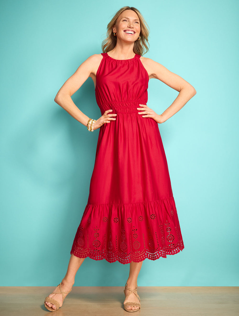 RED POP EYELET HALTER FIT & FLARE DRESS | Talbots for sale