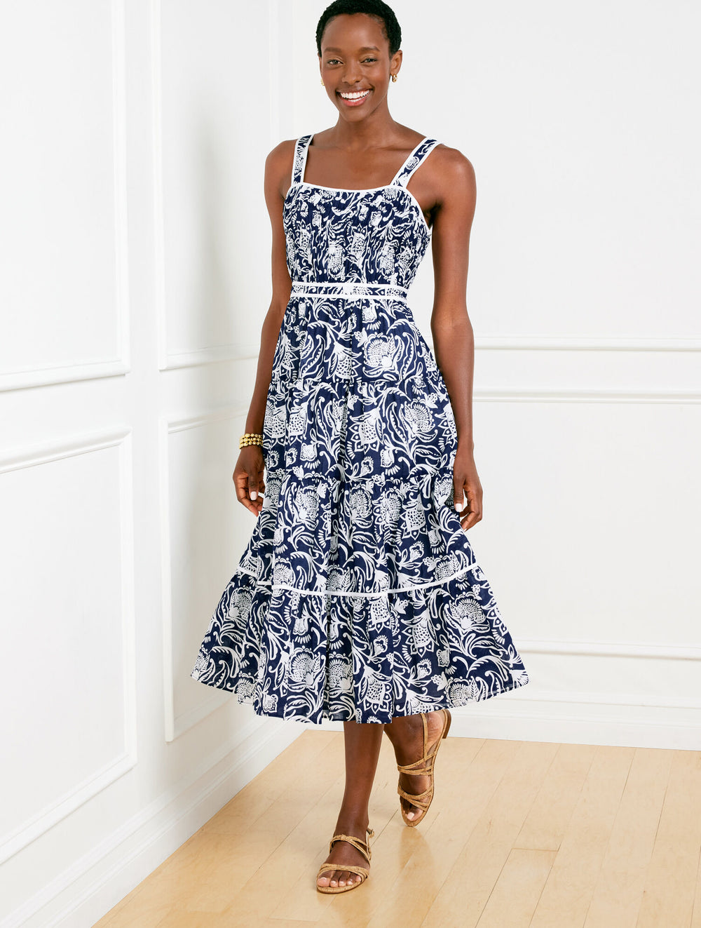 INDIA INK/WHITE TIERED FIT & FLARE DRESS - DISTRESSED JACOBEAN | Talbots US