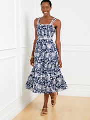 INDIA INK/WHITE TIERED FIT & FLARE DRESS - DISTRESSED JACOBEAN | Talbots US