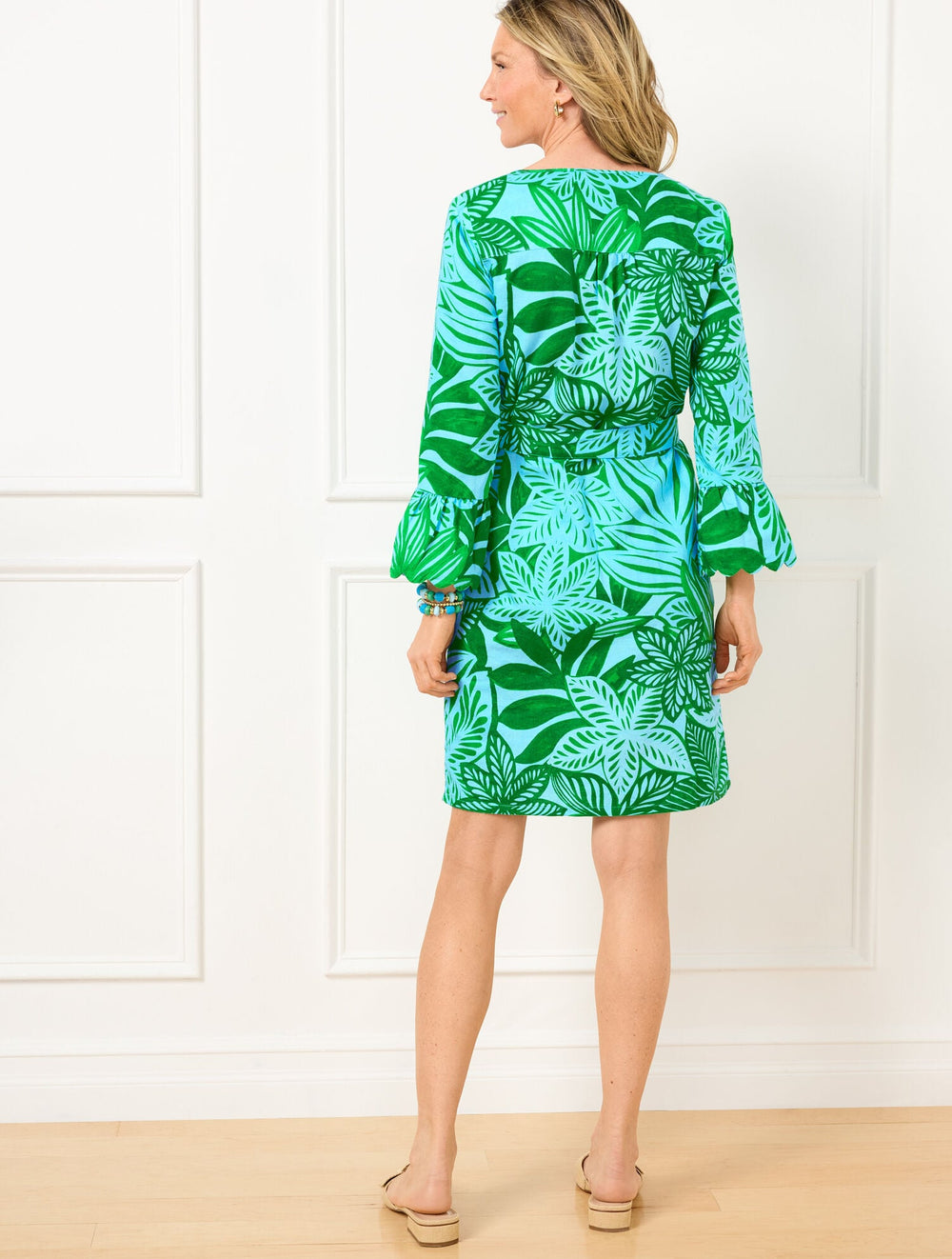 BRIGHT GREEN/TURQUOISE RUFFLE CUFF BELTED LINEN BLEND DRESS - WATERCOLOR BOTANICAL | Talbots discount