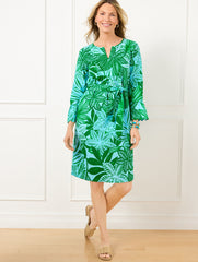 BRIGHT GREEN/TURQUOISE RUFFLE CUFF BELTED LINEN BLEND DRESS - WATERCOLOR BOTANICAL | Talbots discount