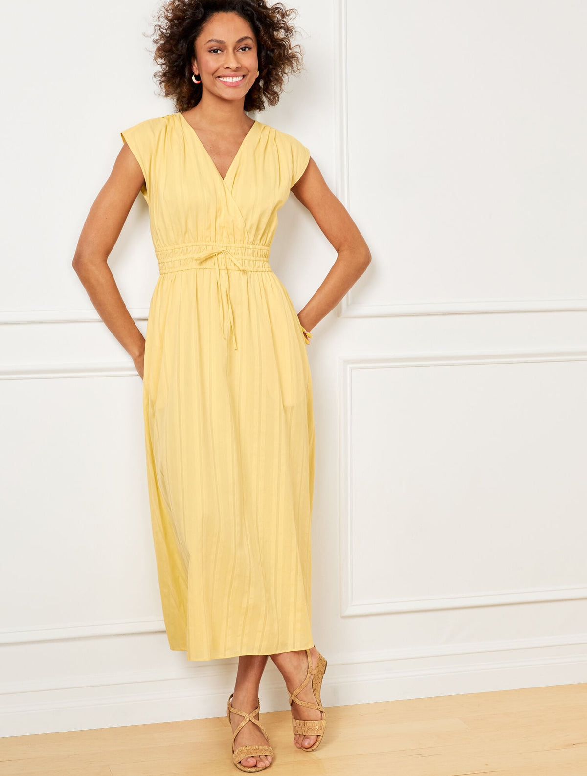 CORNSILK|VILLA BLUE V-NECK MIDI DRESS | Talbots on sale