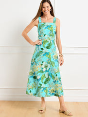 VIVID TURQUOISE MULTI LINEN MIDI DRESS - TROPICAL BOTANICAL | Talbots discount
