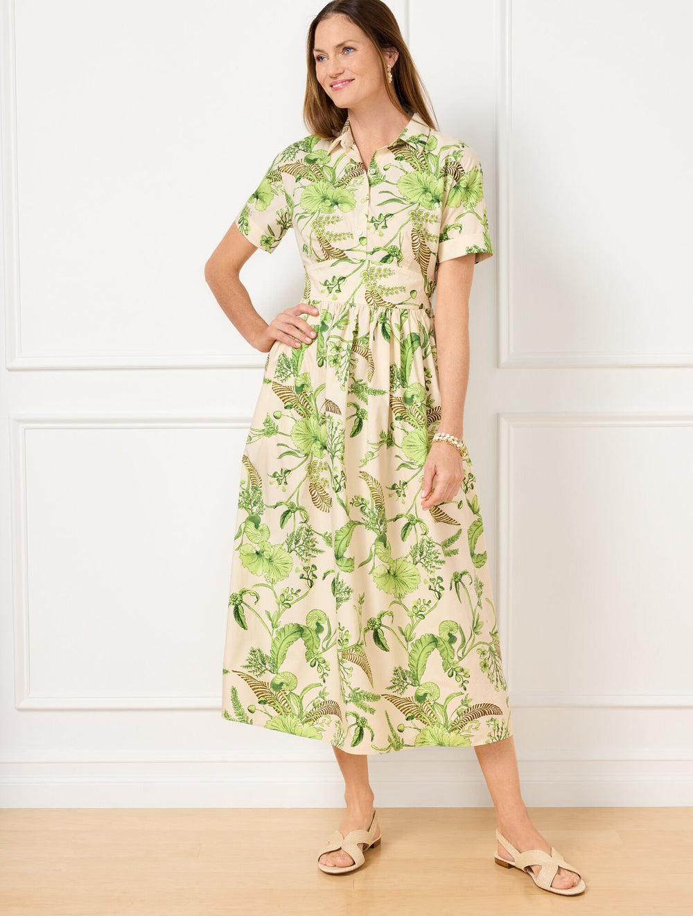 BEIGE/CITRUS LEAF MULTI MODERN POPLIN SMOCKED MIDI DRESS - BRANCHING FLORAL | Talbots for sale