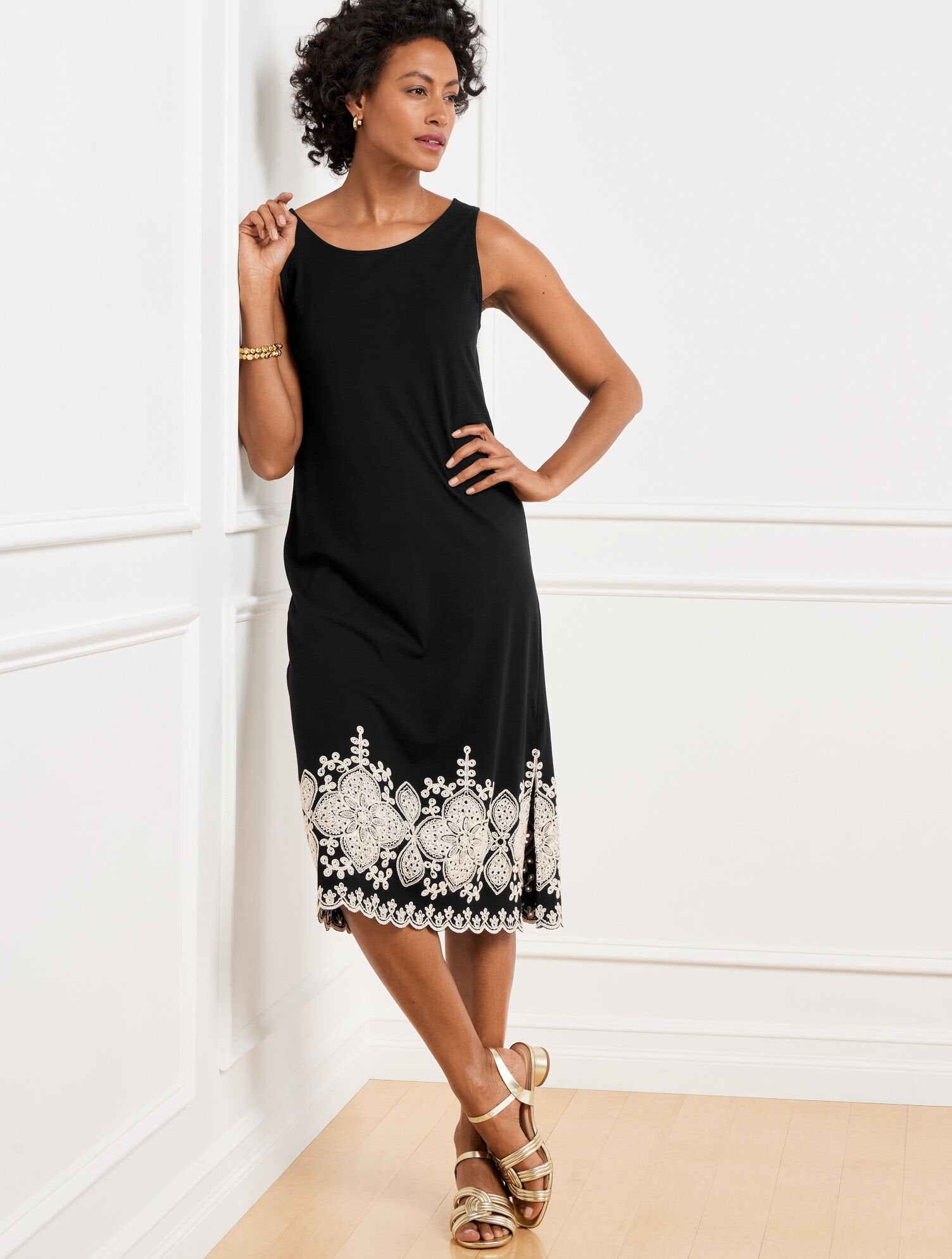 BLACK EMBROIDERED JERSEY DRESS | Talbots online