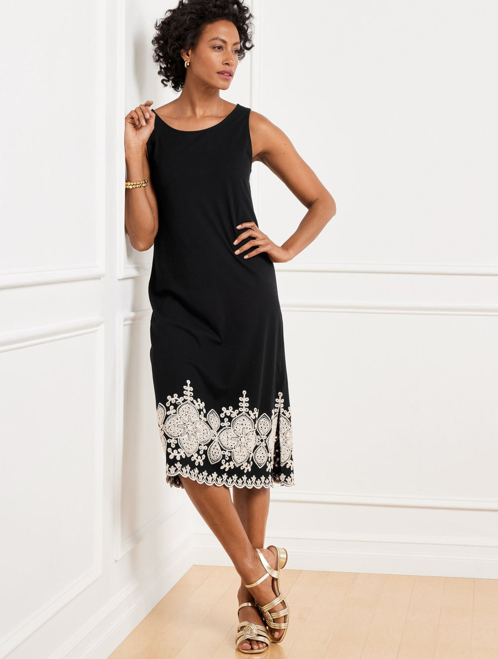 BLACK EMBROIDERED JERSEY DRESS | Talbots online