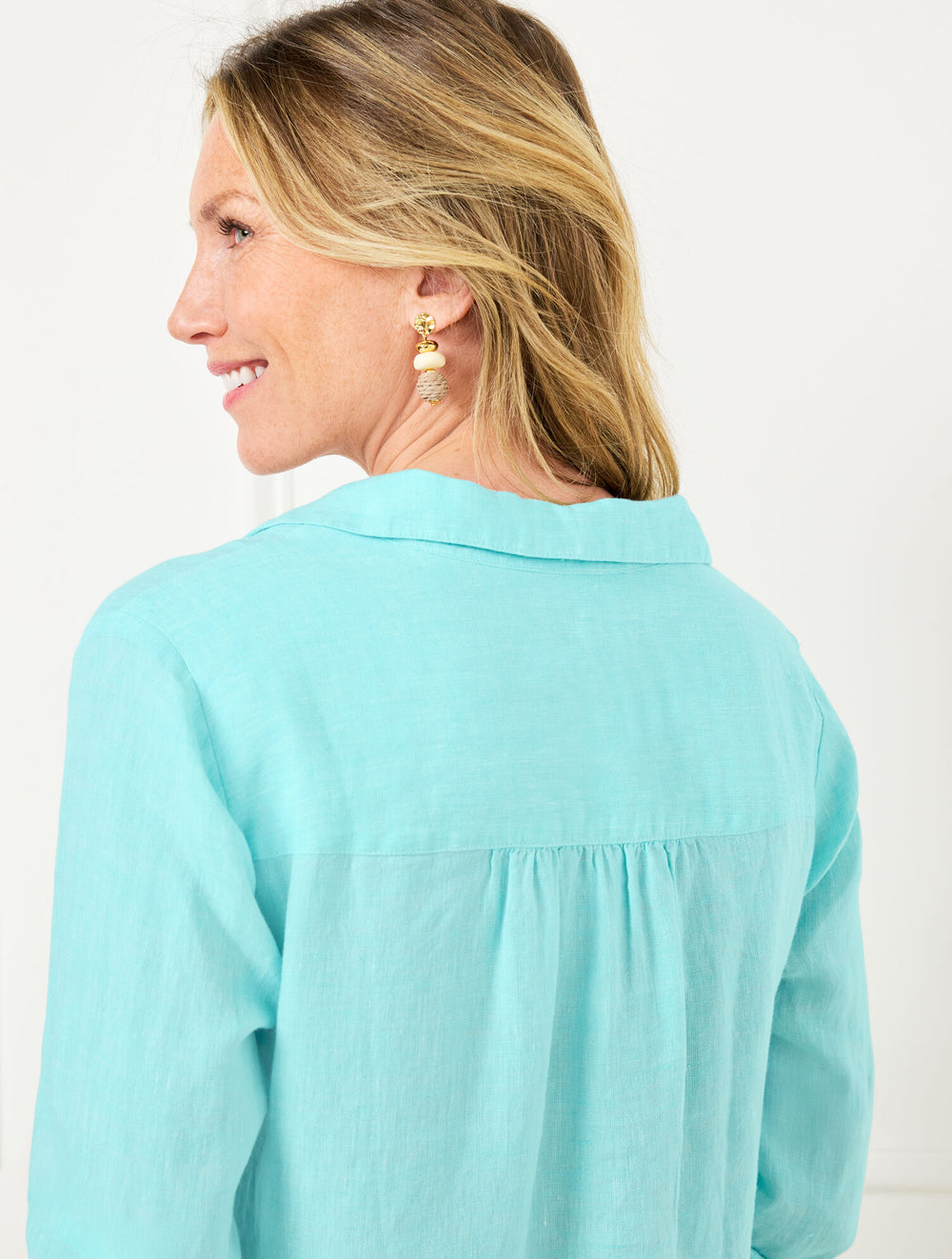 VIVID TURQUOISE/WHITE LONG SLEEVE LINEN KAFTAN SHIRTDRESS | Talbots on sale