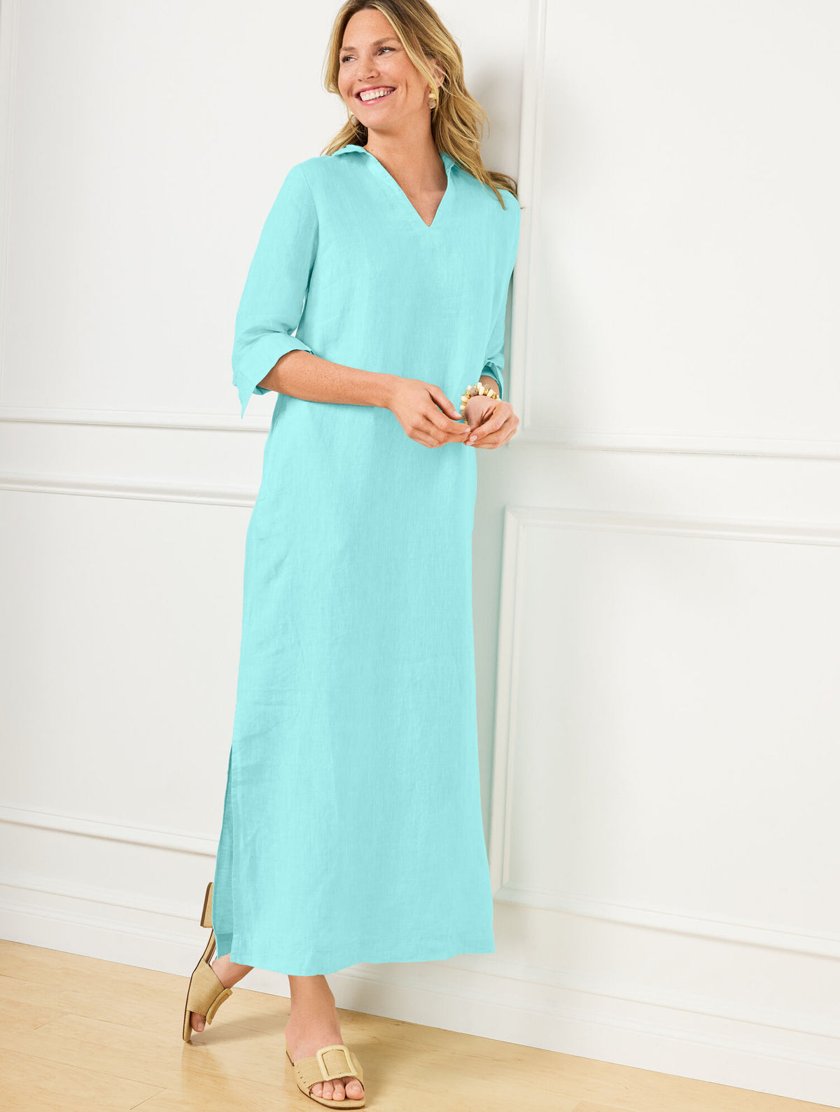 VIVID TURQUOISE/WHITE LONG SLEEVE LINEN KAFTAN SHIRTDRESS | Talbots on sale