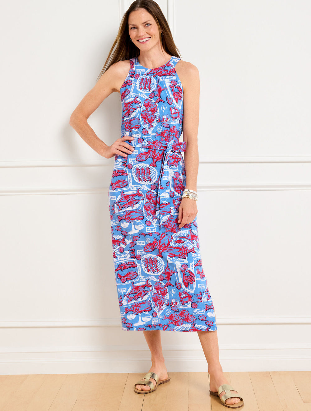 LAKESIDE BLUE MULTI NANTUCKET SLUB HALTER MIDI DRESS - FISH MARKET | Talbots sale