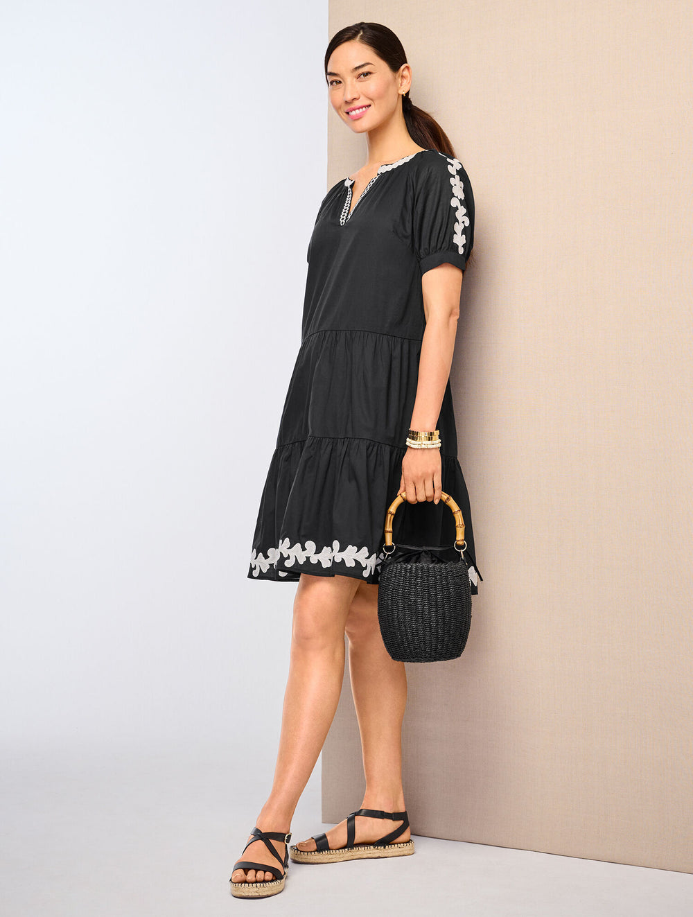 BLACK EMBROIDERED TIERED DRESS | Talbots US