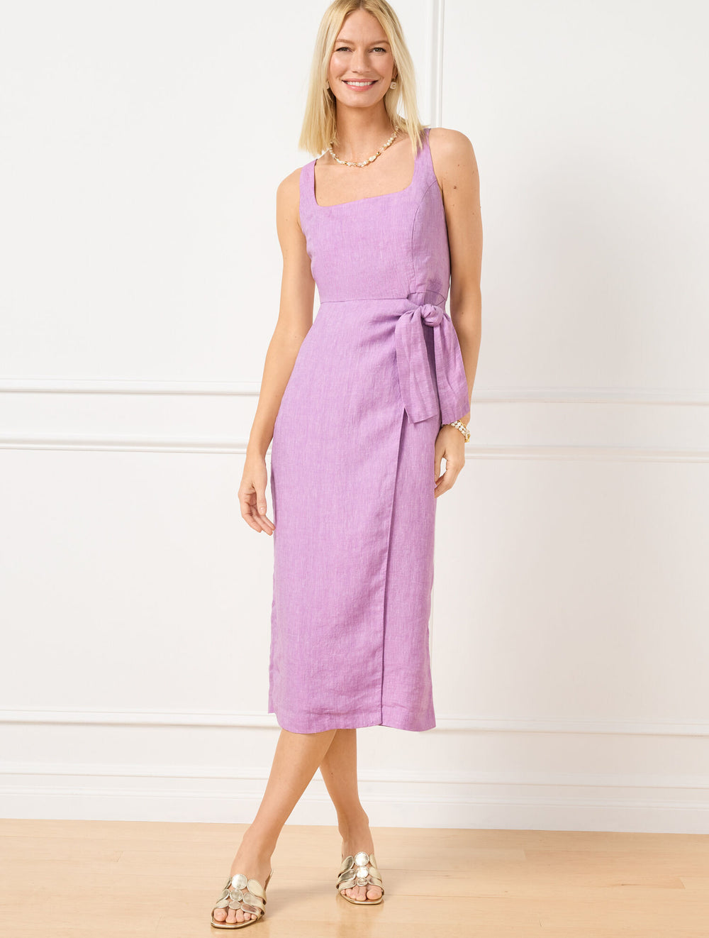 LAVENDER/WHITE SQUARE NECK WRAP LINEN DRESS - CROSS DYED | Talbots online