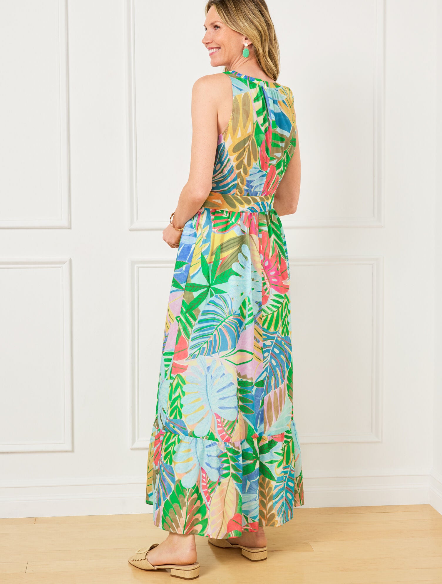 IVORY/VIVID TURQUOISE FIT & FLARE DRESS - PARADISE FOLIAGE | Talbots on sale